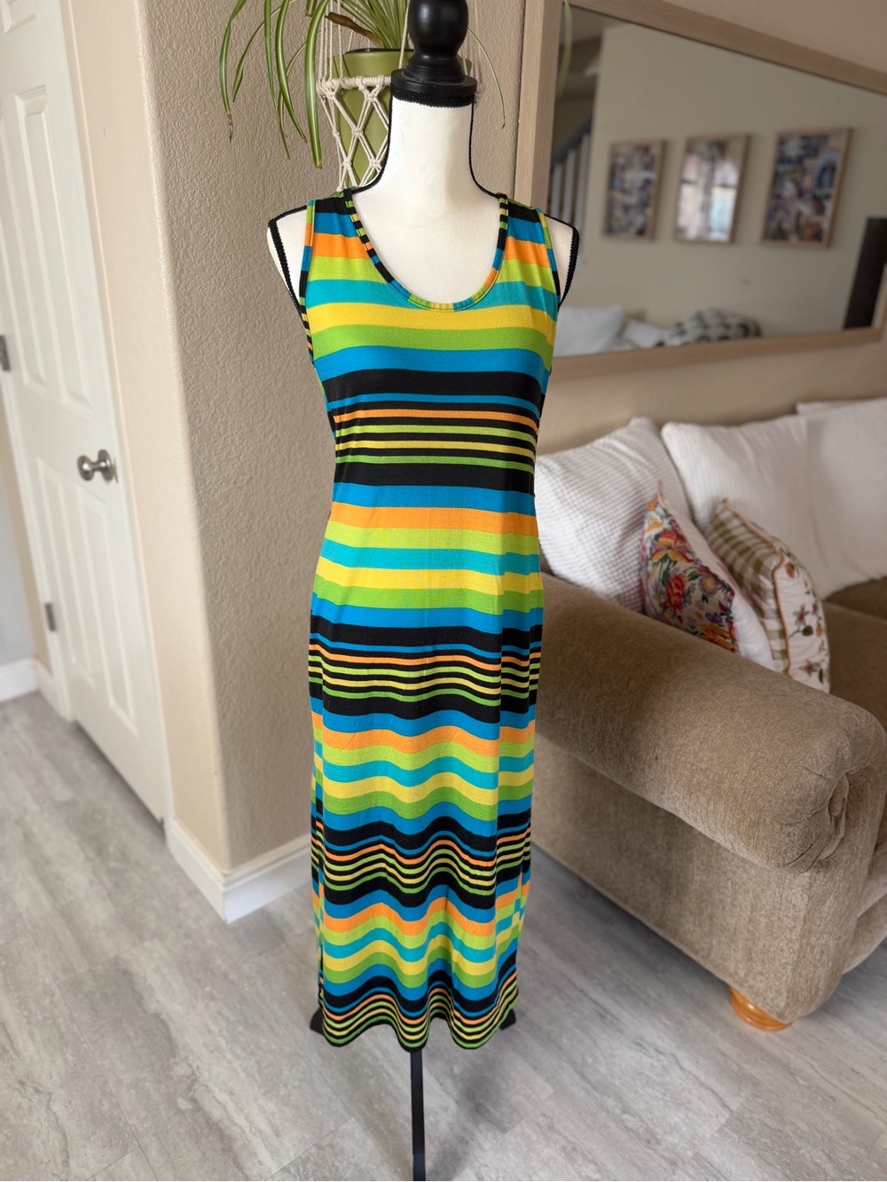 Women’s LOVE Sleeveless Striped Maxi Dress in Blue & Green